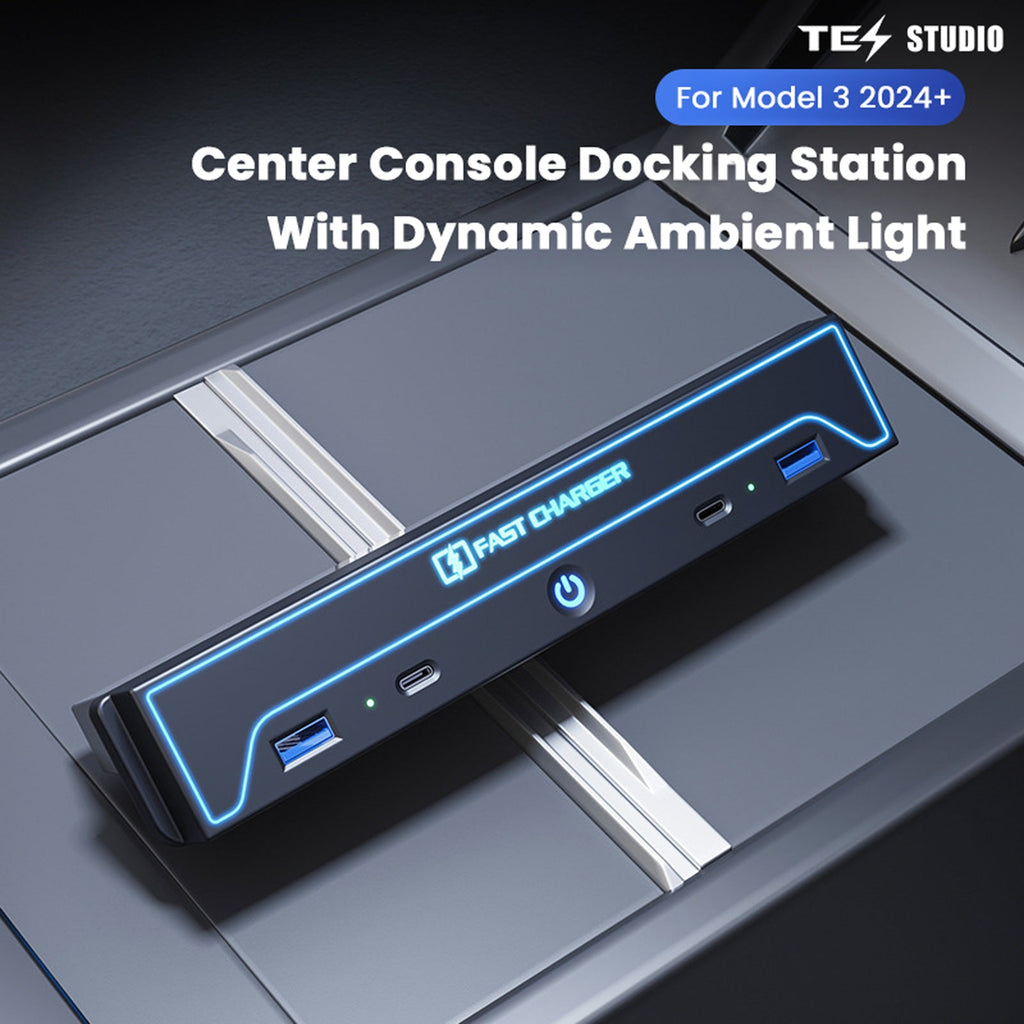 テスラモデル3ハイランド用センターコンソールUSBハブ ドッキングステーション 急速充電器 ダイナミックアンビエントライト付き