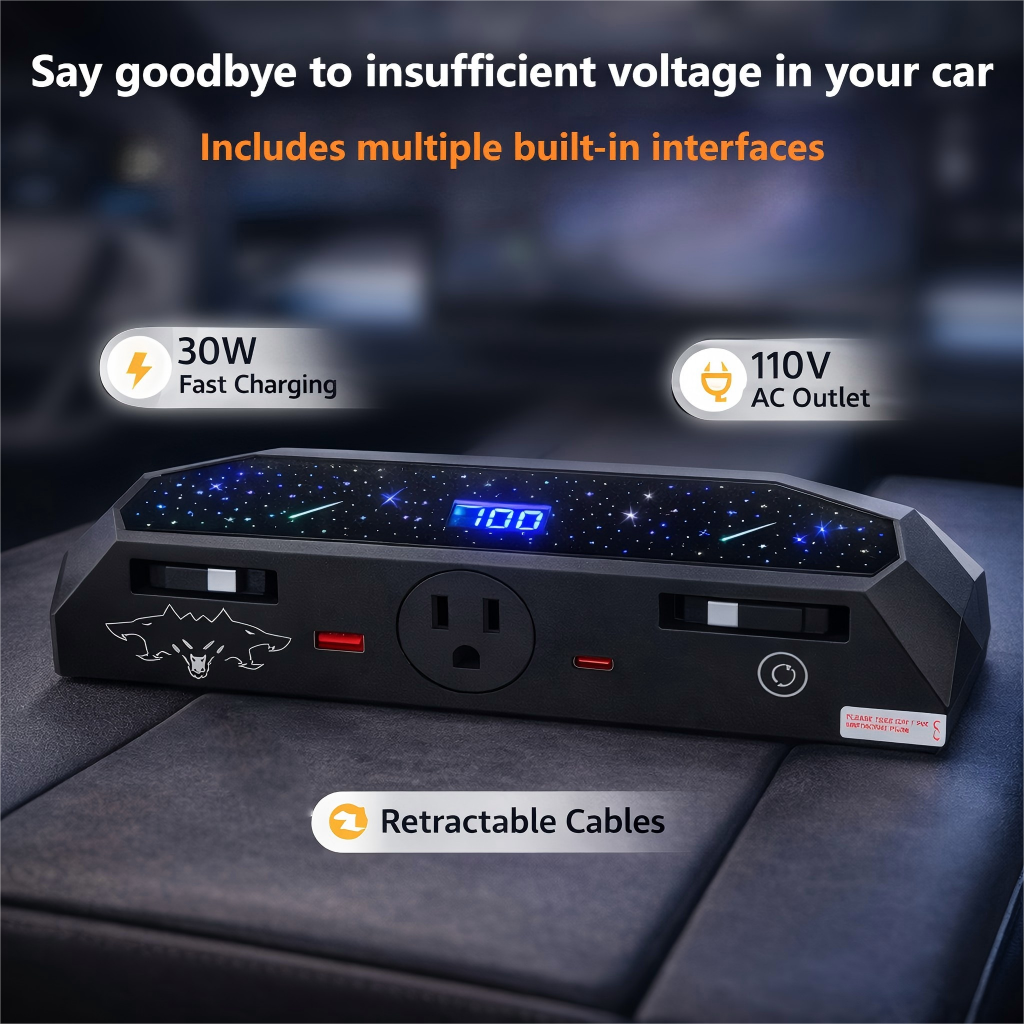 Tesla Cybertruck用 センターコンソールUSB充電ハブ2.0 (110V ACコンセント&格納式ケーブル付き) - シームレス統合、30W PD/QC3.0急速充電対応