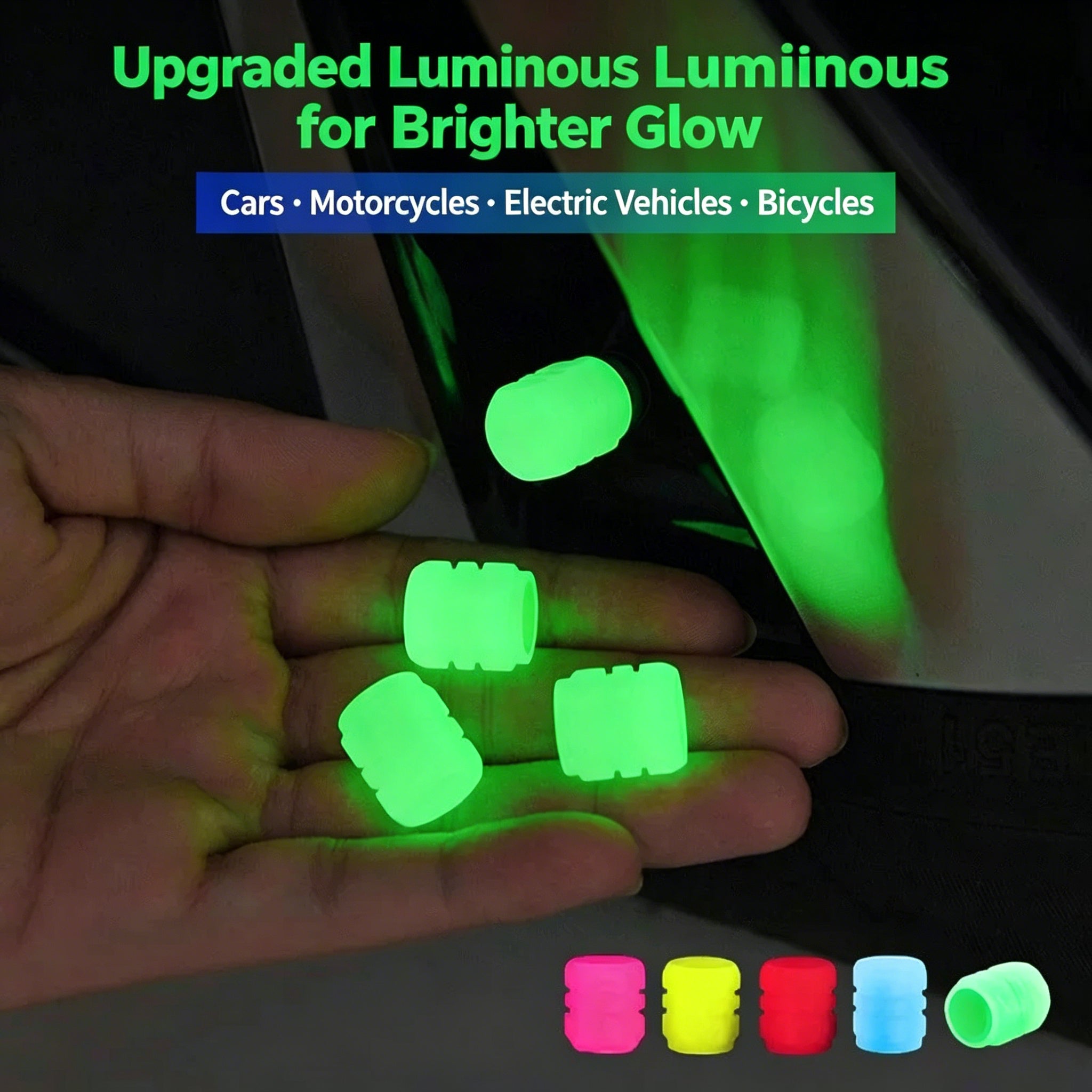 Luminous Tire Valve Caps, Auto Glowing Wheel Stem Covers, Universal for Cars, Trucks, Bikes & Motorcycles, Night Visibility & Anti-Dust Protection