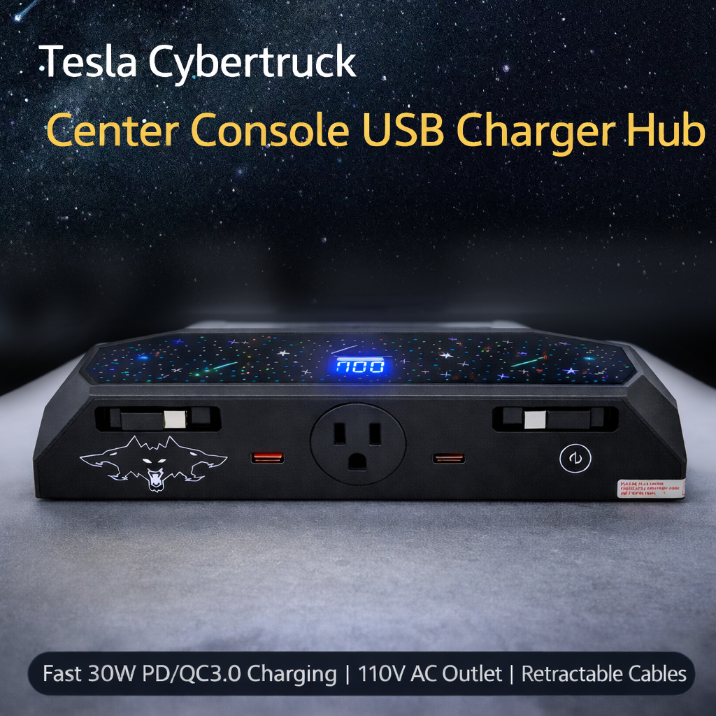 Center console USB Charger Hub 2.0 for Tesla Cybetruck with 110V AC Outlet & Retractable Cables - Seamless Integration, 30W PD/QC3.0 Fast Phone Charge