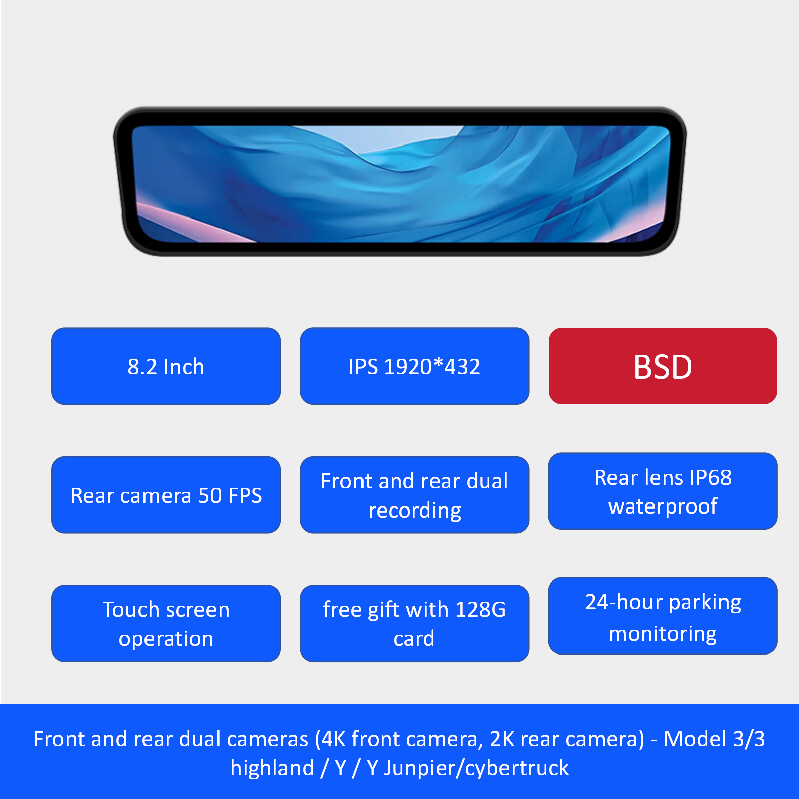S82 Pro 2/4K HD 8.2インチ ストリーミングリアビューミラー Tesla Model 3/3 Highland/Y/Y Juniper用 BSD付き