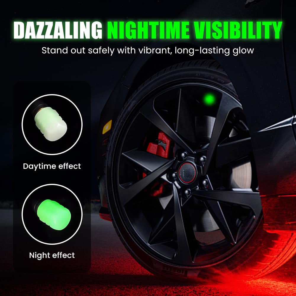 Luminous Tire Valve Caps, Auto Glowing Wheel Stem Covers, Universal for Cars, Trucks, Bikes & Motorcycles, Night Visibility & Anti-Dust Protection
