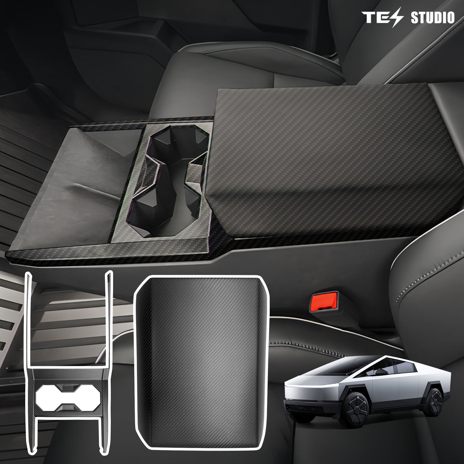 Cybertruck Armrest Box Cover Real Carbon Fiber Center Console Saddle Tesstudio?