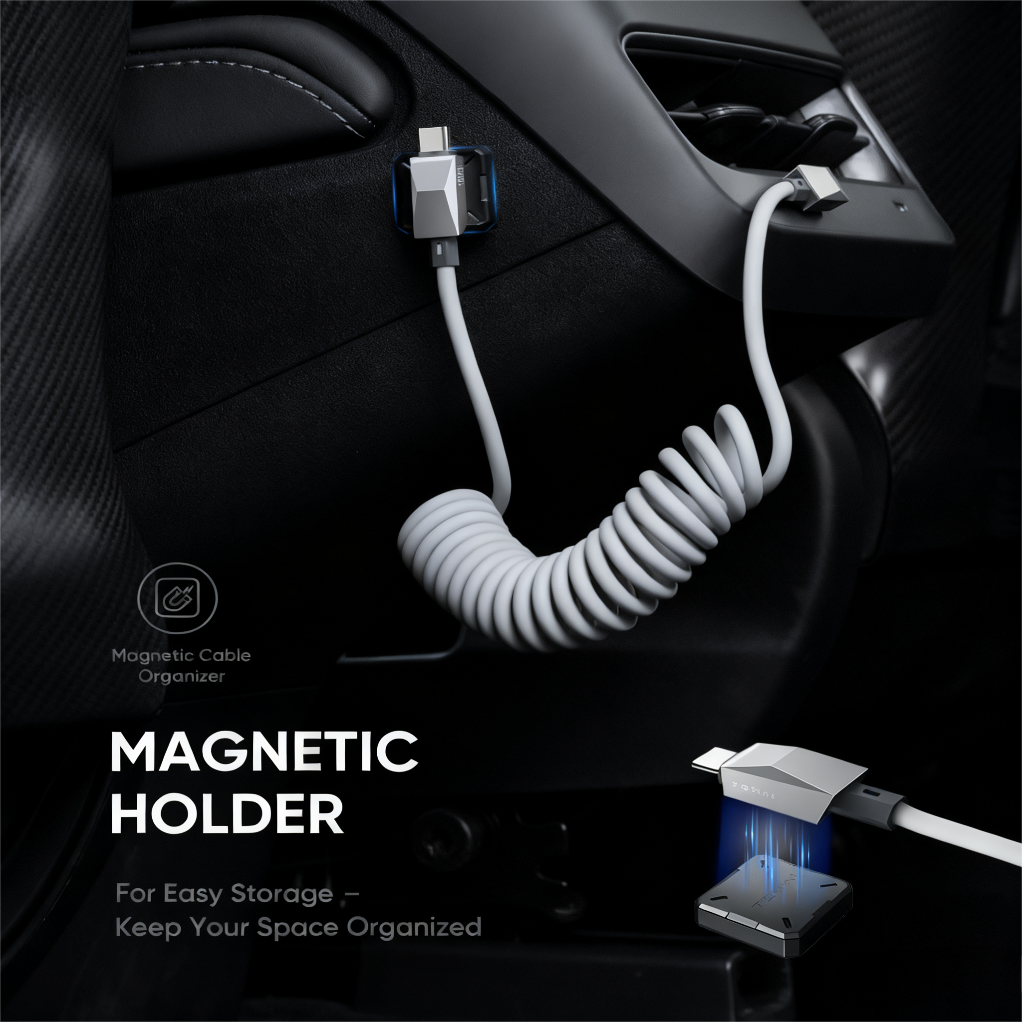 4ft (1.2m) Spring USB-C Cable for Tesla Model Y/3/X/S/Y Standard, Cybertruck-Style Accessories