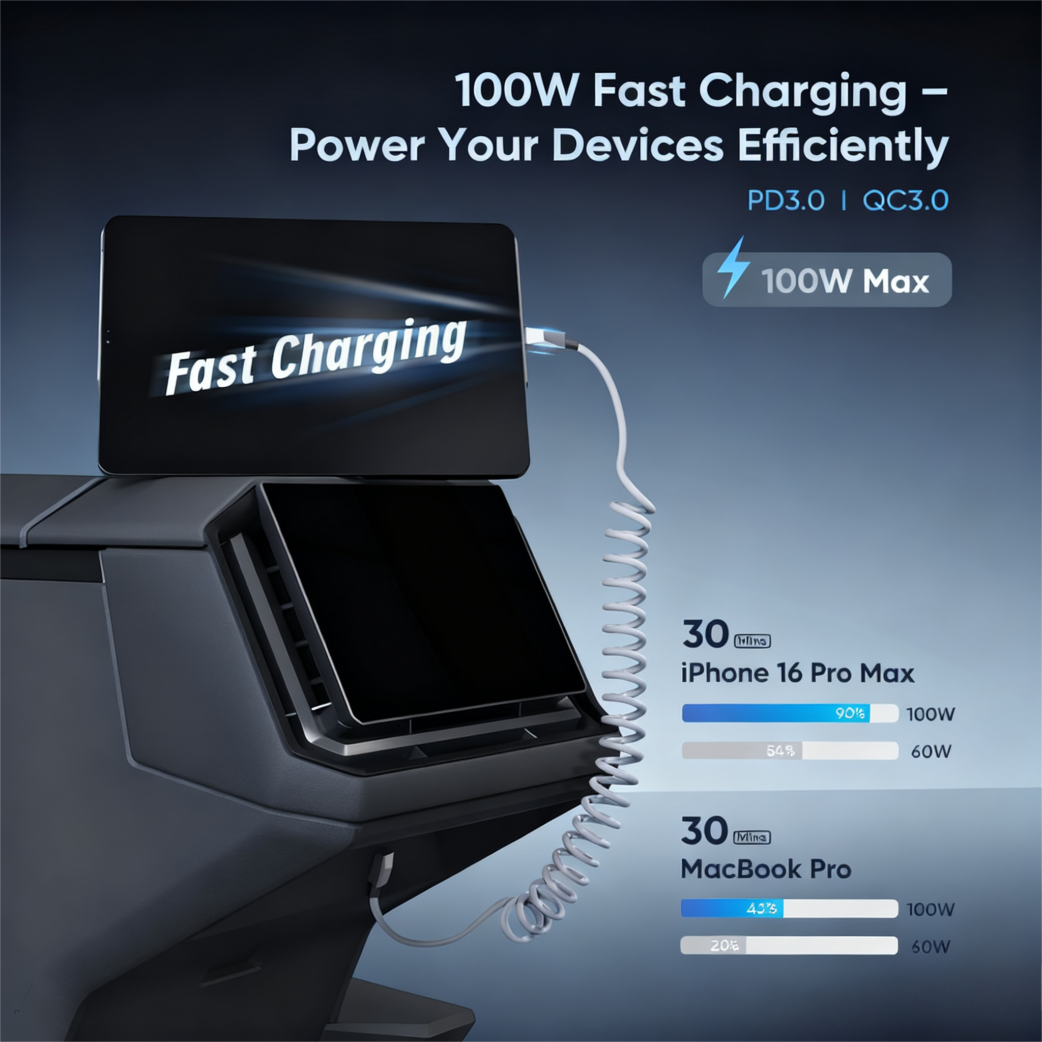 4ft (1.2m) Spring USB-C Cable for Tesla Model Y/3/X/S/Y Standard, Cybertruck-Style Accessories