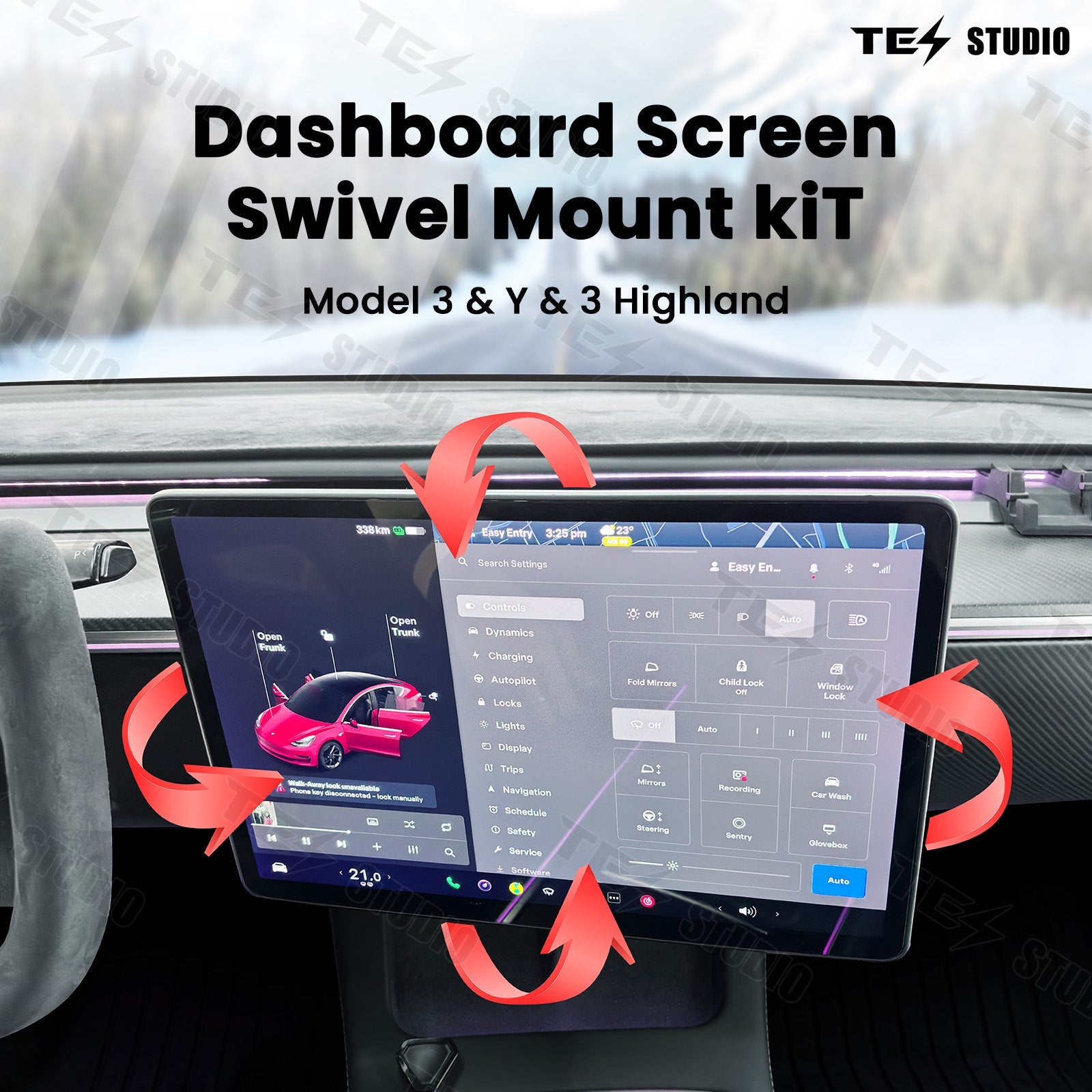 Tesla Model 3/Y/3 Highland Dashboard Swivel Mount Kit Center Screen Rotating Holder Kit Swivel Bracket Tesstudio?