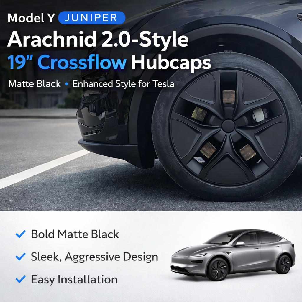 Tesstudio Tesla Model Y Juniper 19 inch Arachnid 2.0 Style Crossflow Hubcaps Matte Black Wheel Covers (4PCS)