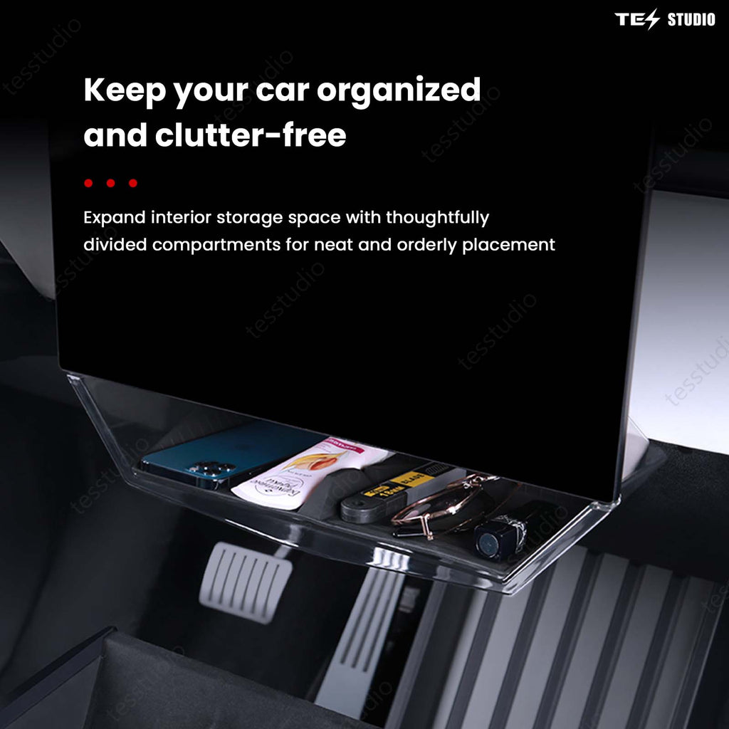 Tesla Cybertruck Interior Accessories Hideable Under Screen Storage Box with Center Console Organizer Tray Tesstudio?
