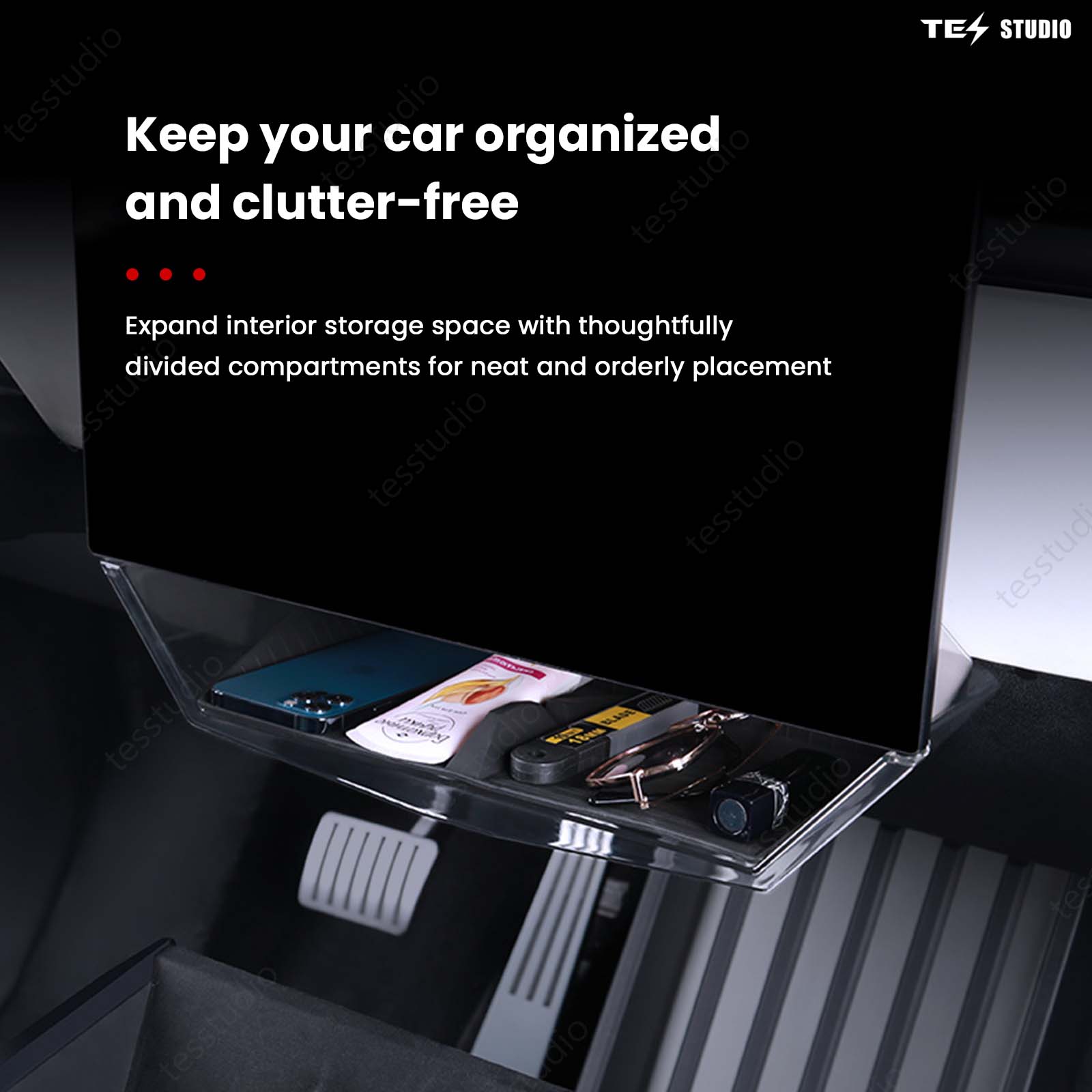 Tesla Cybertruck Interior Accessories Hideable Under Screen Storage Box with Center Console Organizer Tray Tesstudio?