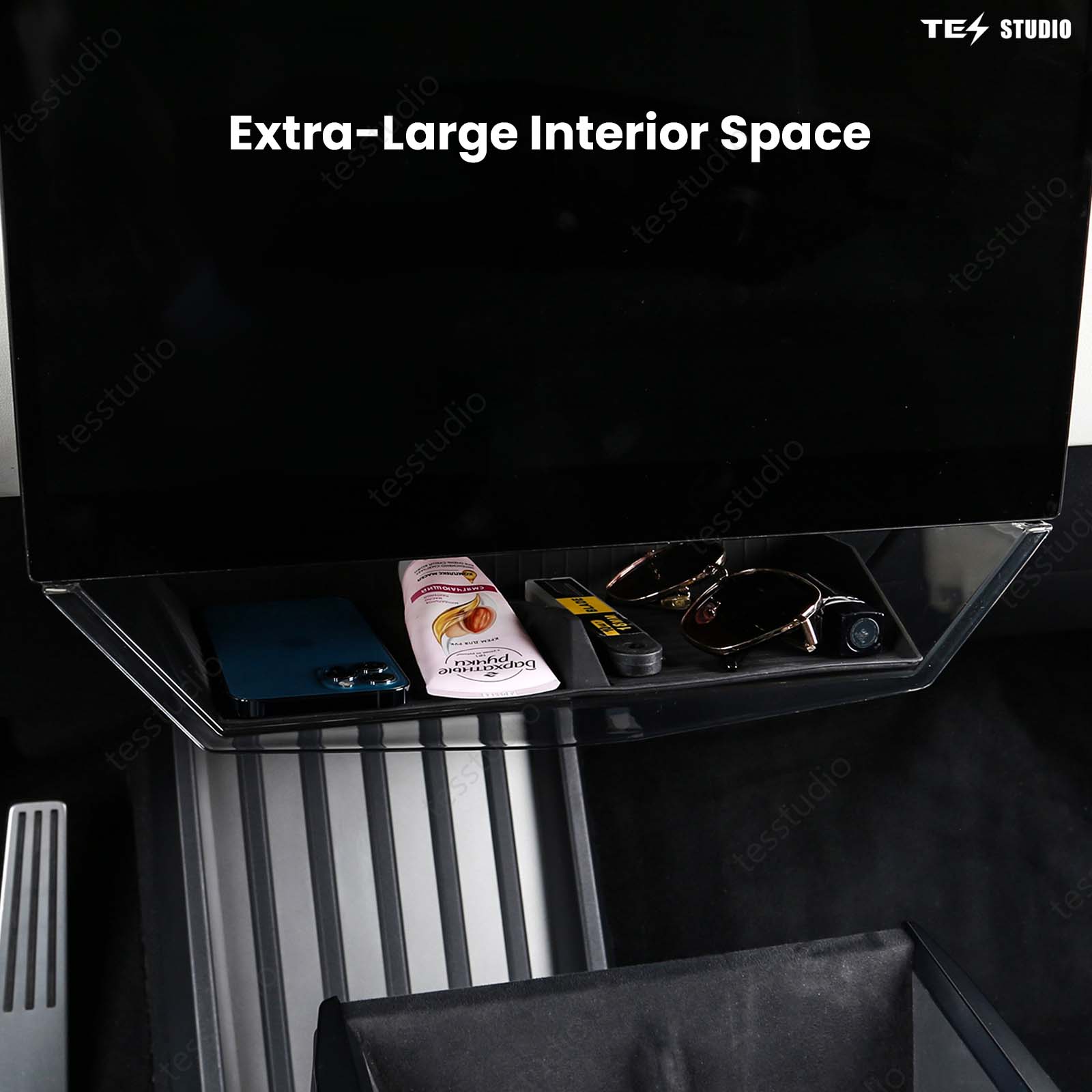 Tesla Cybertruck Interior Accessories Hideable Under Screen Storage Box with Center Console Organizer Tray Tesstudio?