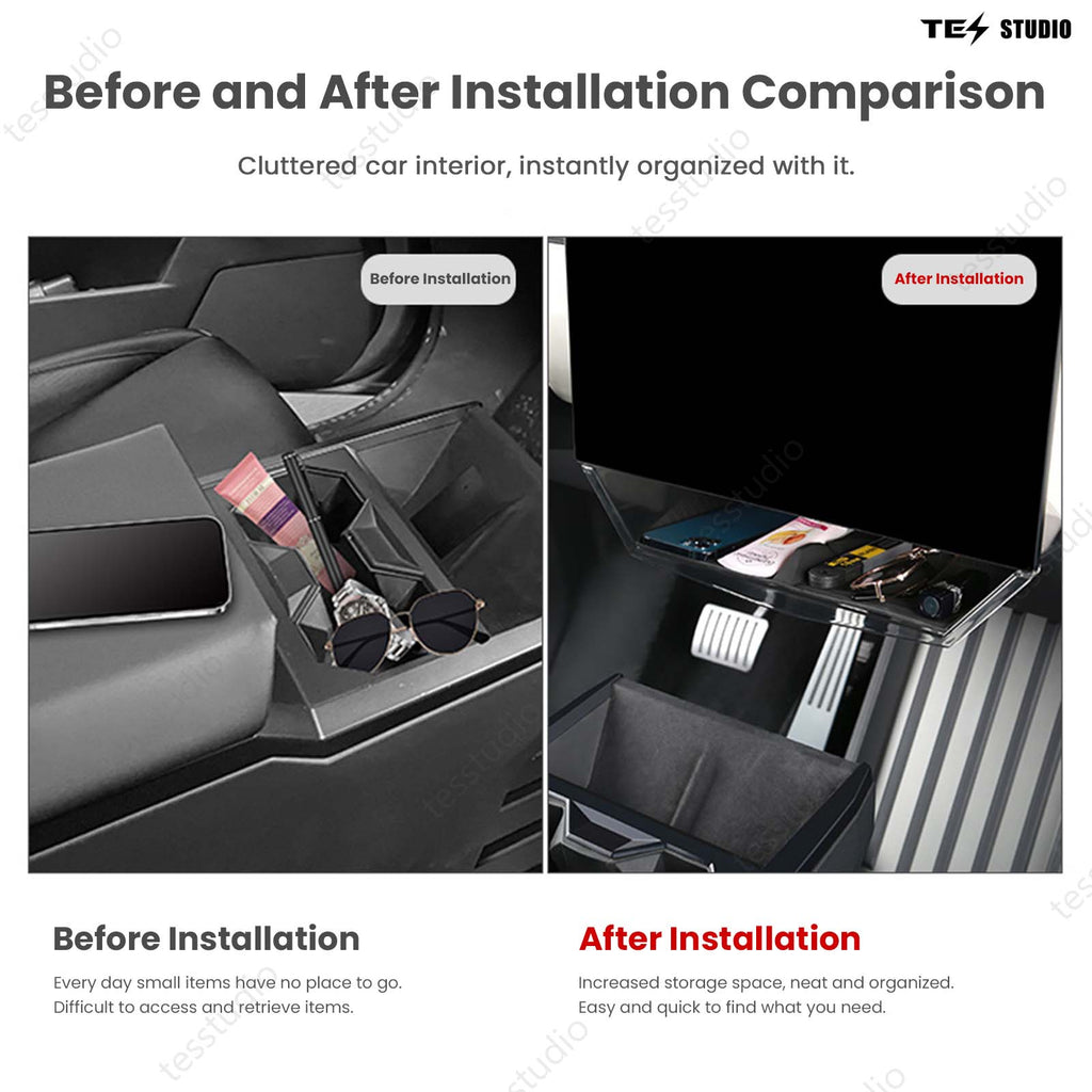 Tesla Cybertruck Interior Accessories Hideable Under Screen Storage Box with Center Console Organizer Tray Tesstudio?