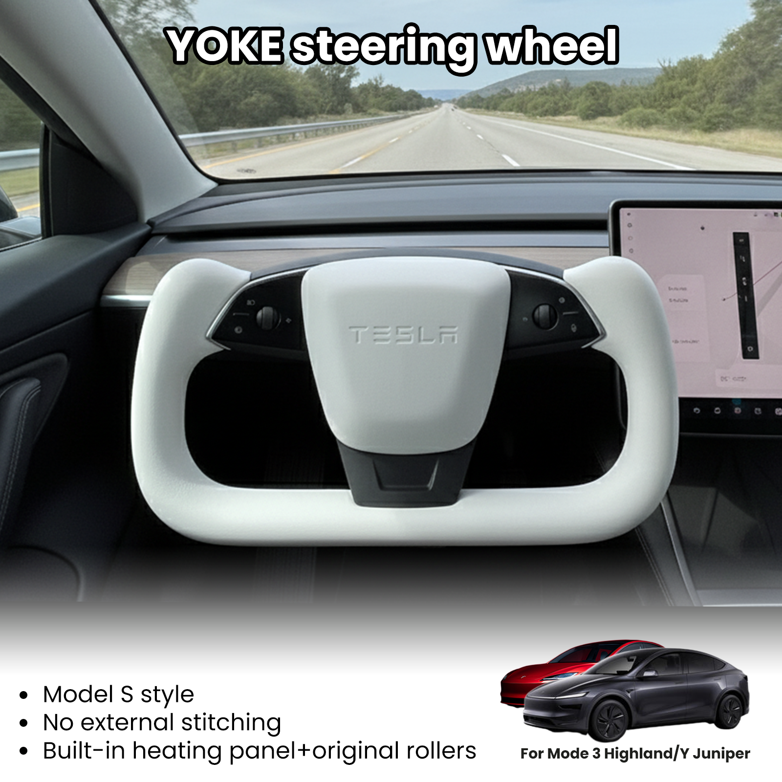 Tesstudio Model 3 Highland / Y juniper Premium Nappa Leather Yoke Steering Wheel V2
