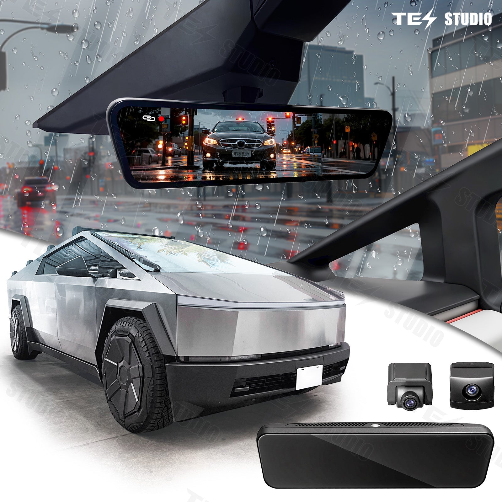 Tesstudio S92 Streaming Rearview Mirror Recorder 1080P HD Dual-View DVR for Tesla Cybertruck