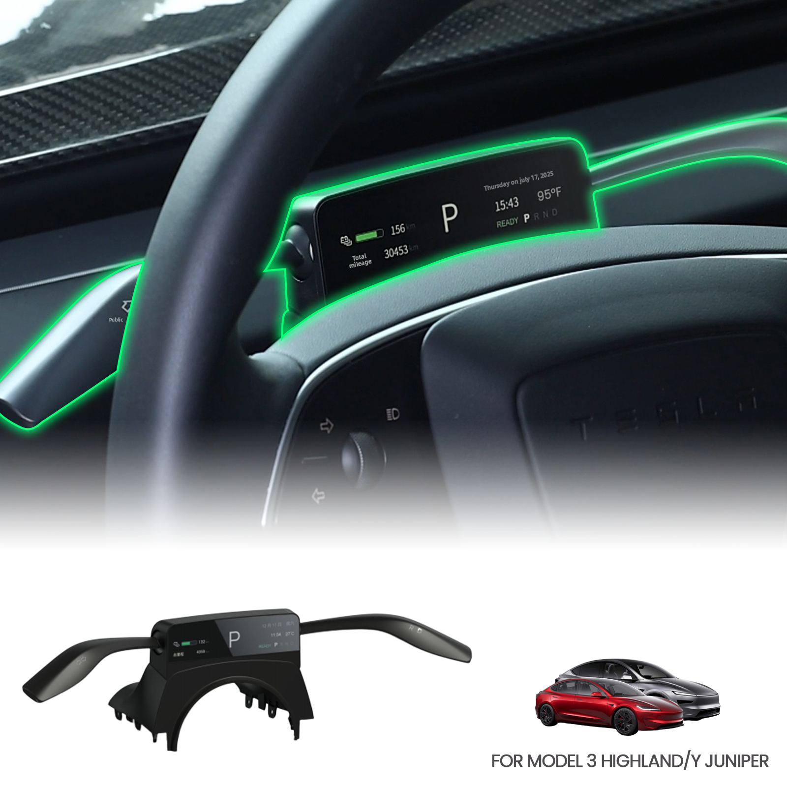 Tesstudio Turn Signal & Gear Shift Stalk With Mini Display For Tesla Model 3 Highland / Y Juniper