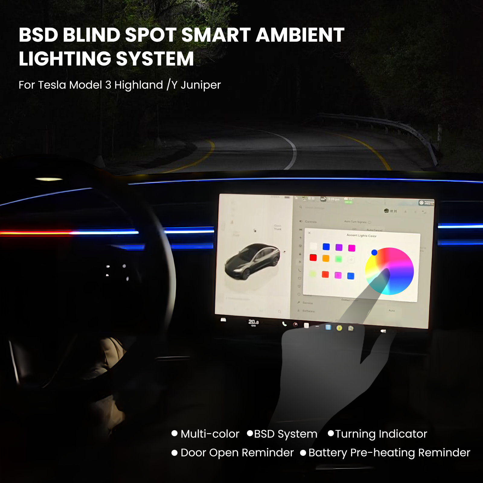 2026 BSD 2.0 Blind Spot Warning System For Tesla Model 3 Highland / Y Juniper /Cybertruck Ambient Lighting