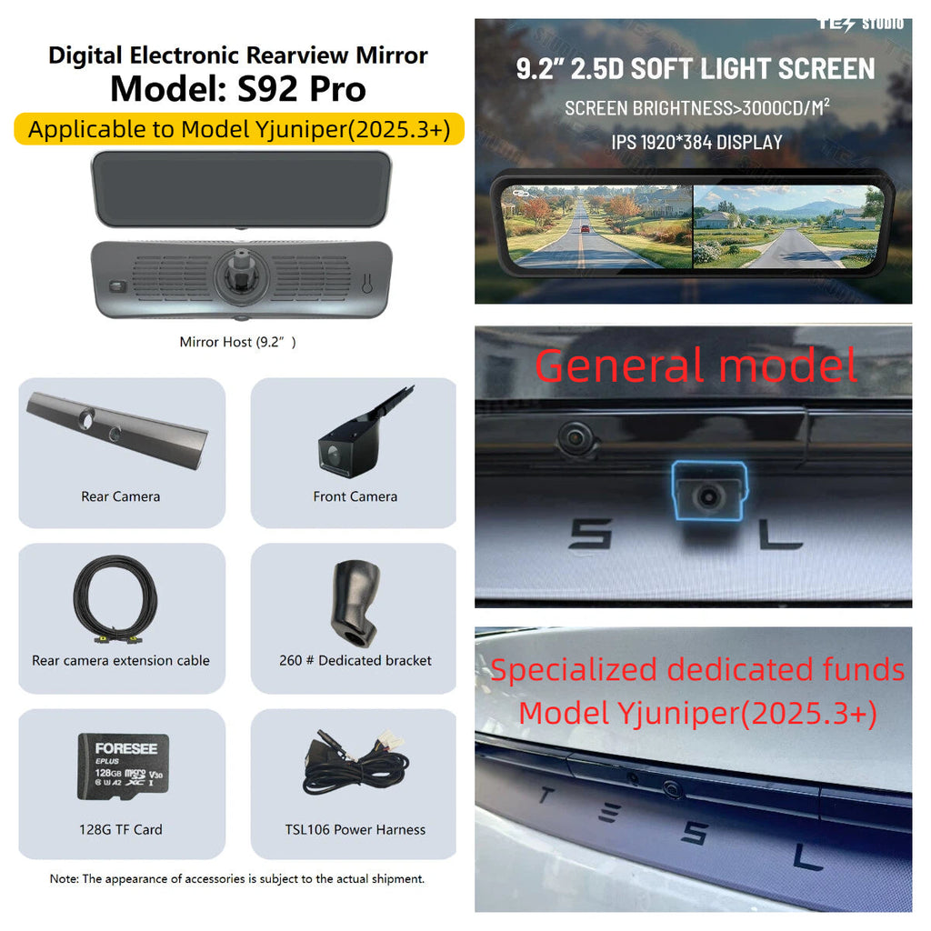 S92 스트림 미디어 룸미러, BSD 적용 테슬라 모델 Y 주니퍼용 양방향 비디오 레코더