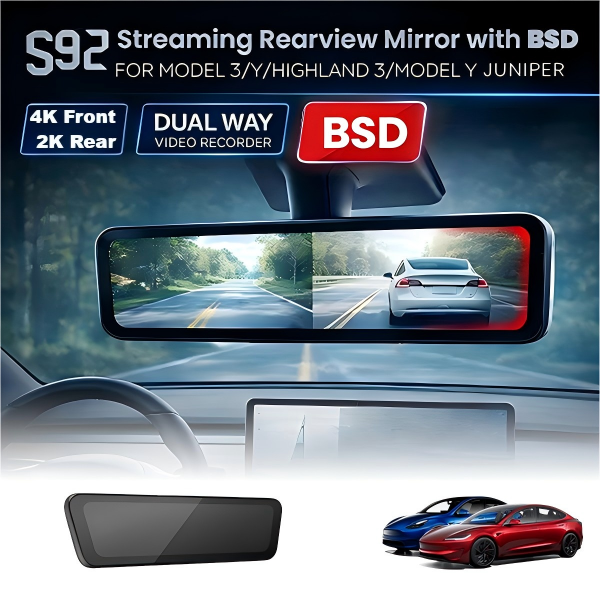 2026 스페셜 4K S92 PRO 스트리밍 룸미러 (BSD 포함) 테슬라 모델 3/Y/하이랜드 3/Y 주니퍼용 | 양방향 비디오 레코더 | 눈부심 방지