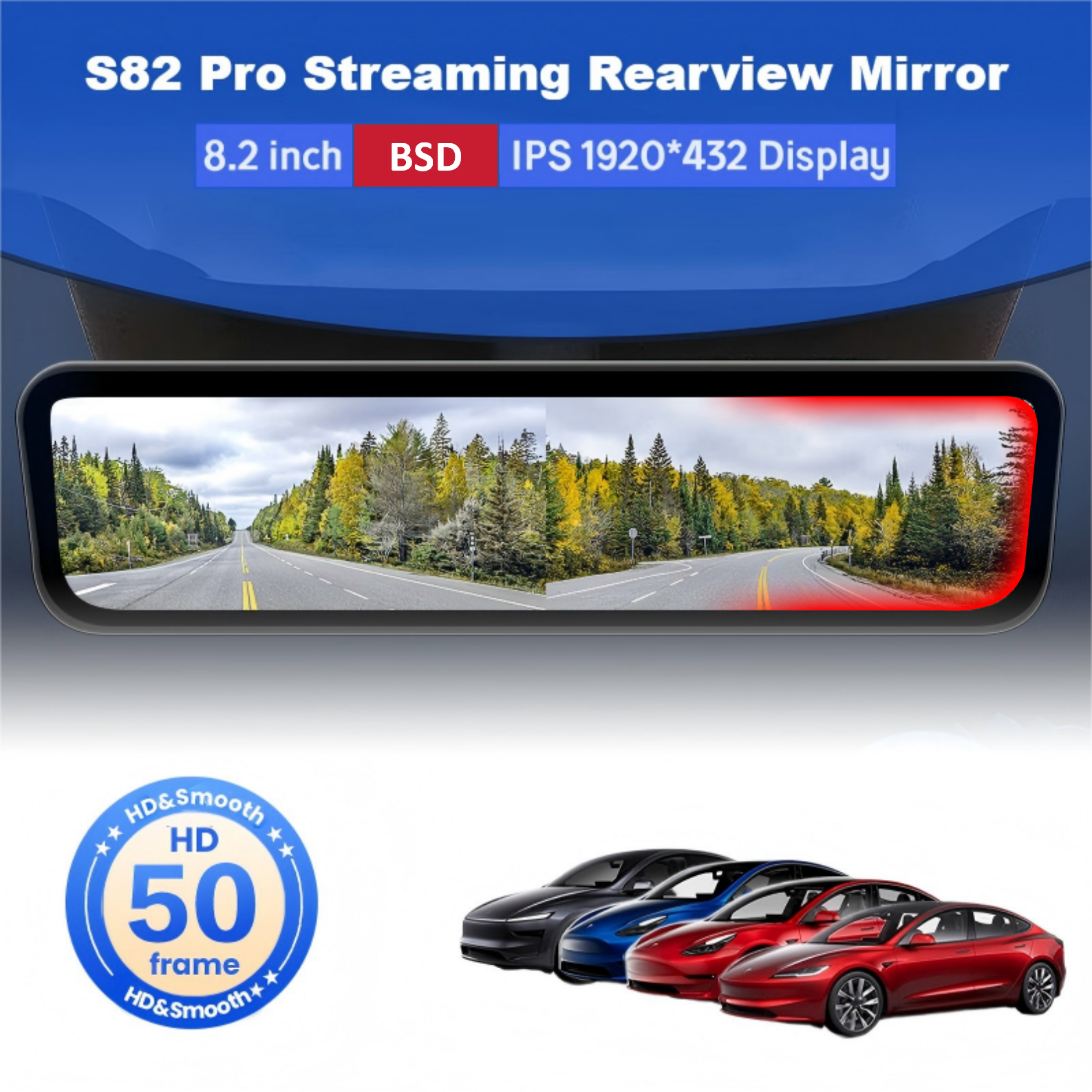 S82 Pro 2/4K HD 8.2インチ ストリーミングリアビューミラー Tesla Model 3/3 Highland/Y/Y Juniper用 BSD付き