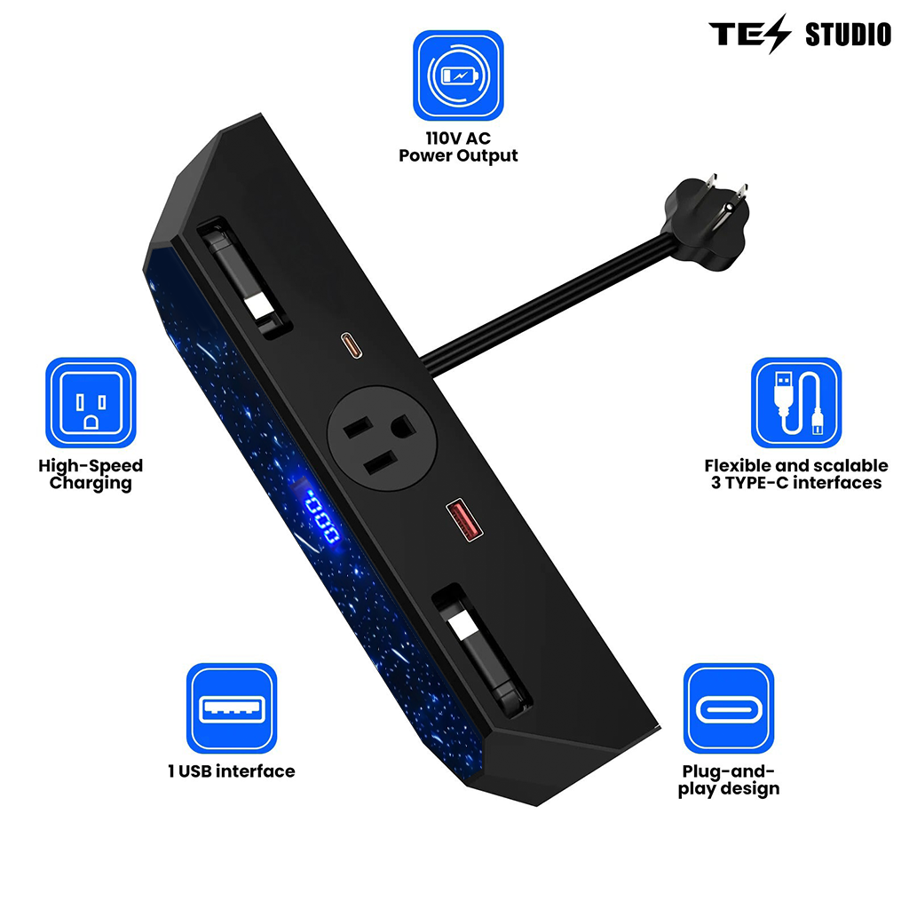 테슬라 사이버트럭용 센터 콘솔 USB 충전 허브 2.0 (110V AC 콘센트 및 자동 수납 케이블 포함) - 완벽한 통합, 30W PD/QC3.0 고속 전화 충전