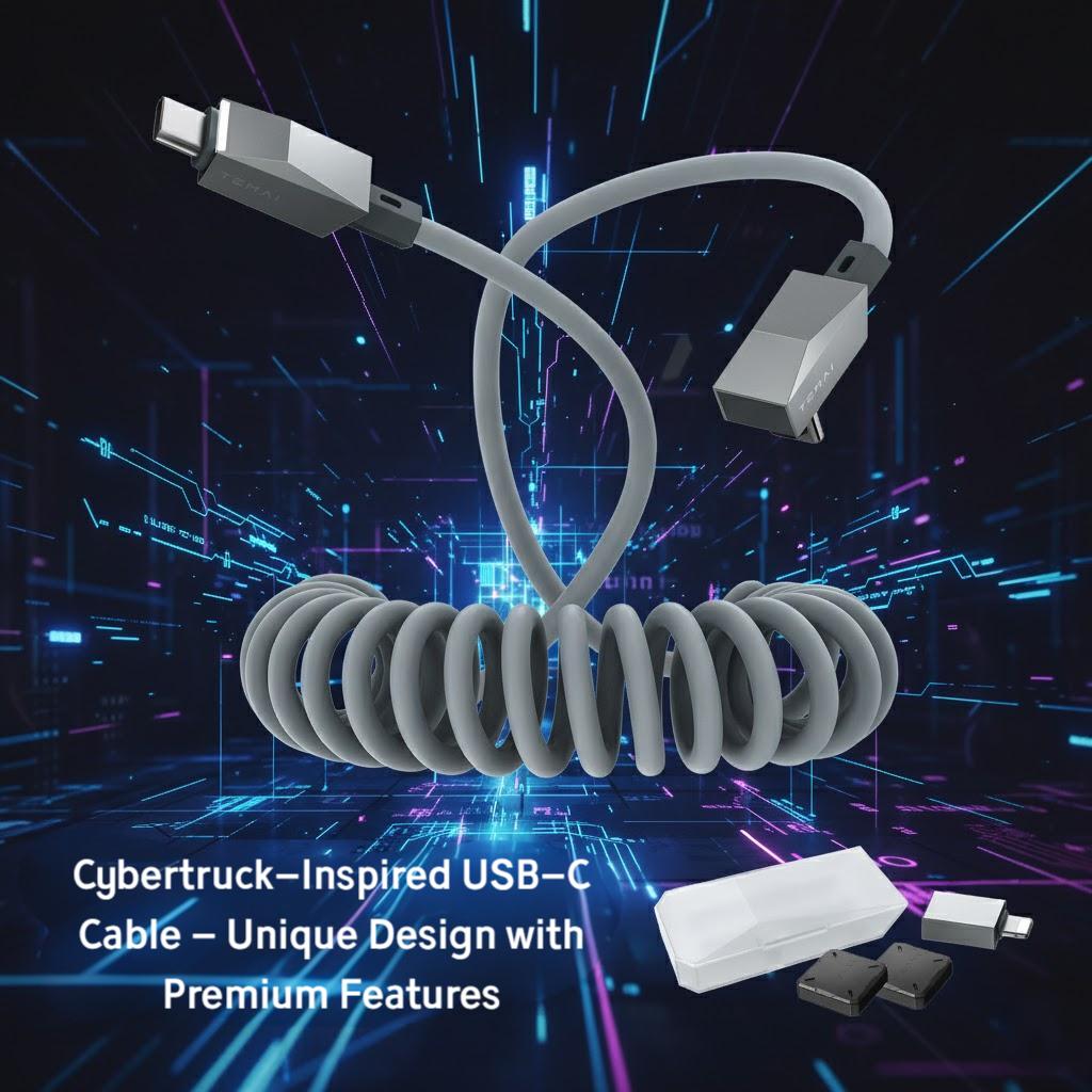 4ft (1.2m) Spring USB-C Cable for Tesla Model Y/3/X/S/Y Standard, Cybertruck-Style Accessories