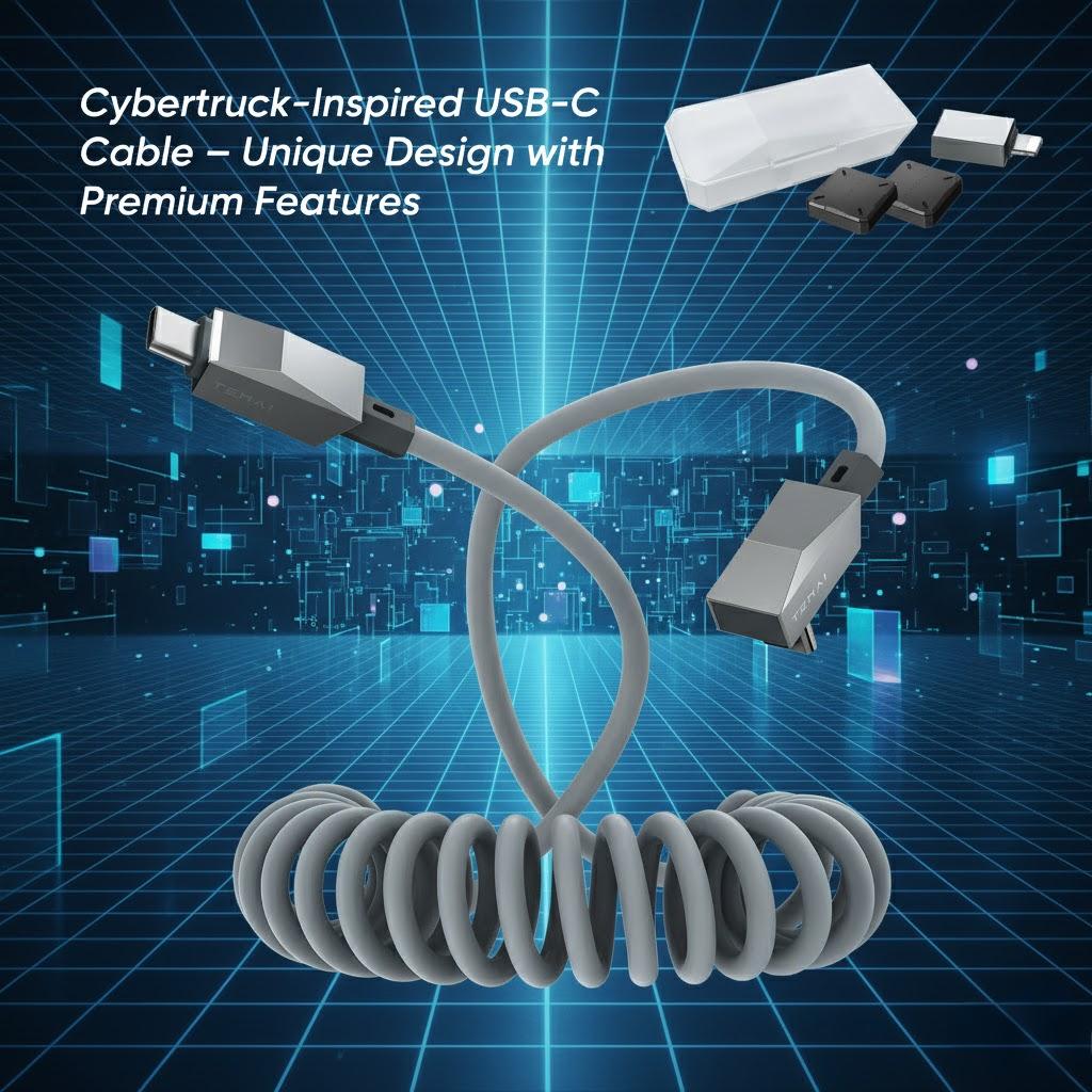 テスラモデルY/3/X/S/Yスタンダード、サイバートラック風アクセサリー用 4ft (1.2m) スプリングUSB-Cケーブル